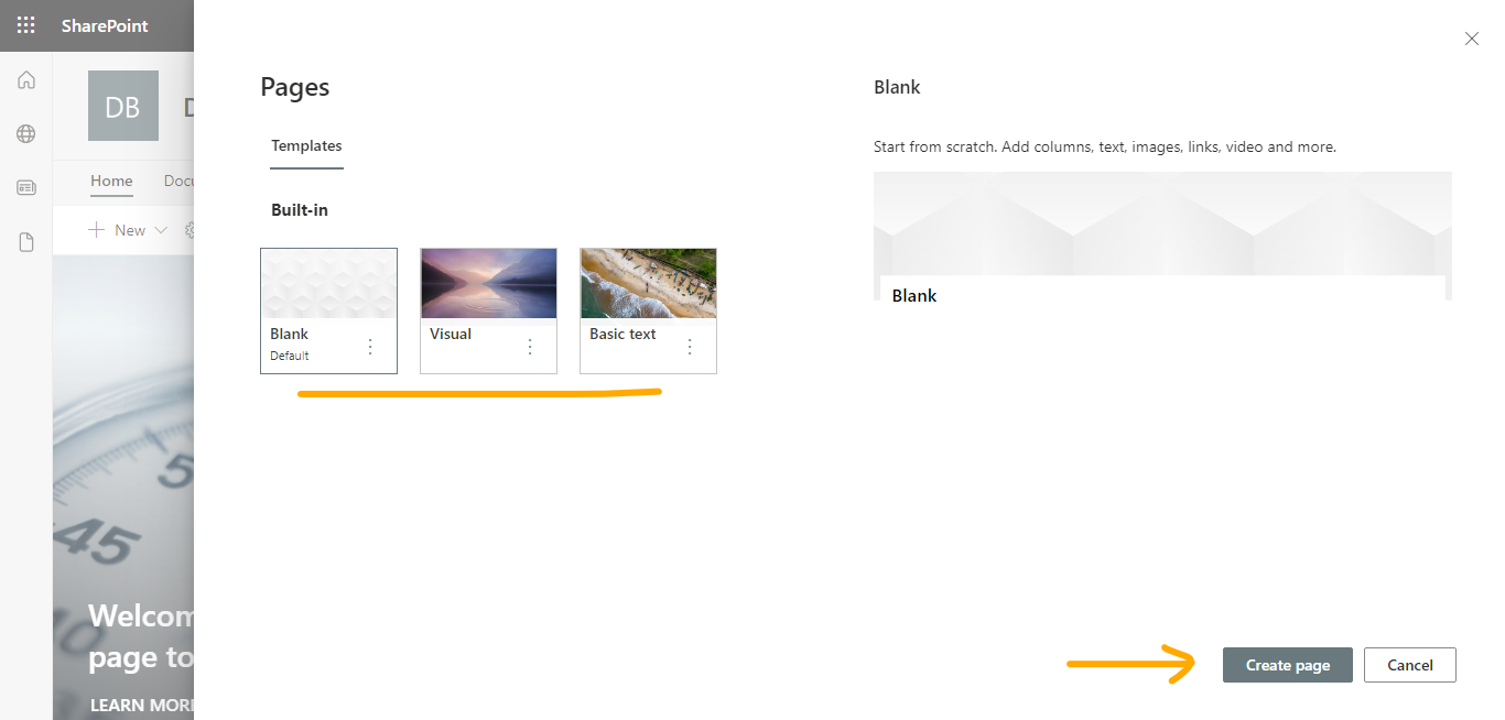 choose a template and click on Create page