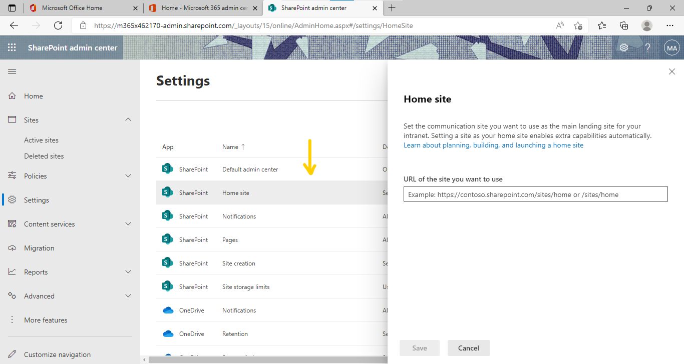 settings - home site - home site