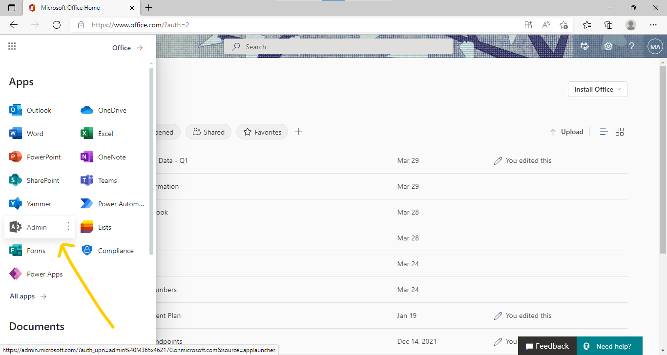 Click on admin - root site
