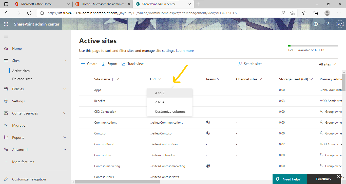 URL - sort a - z - Root site