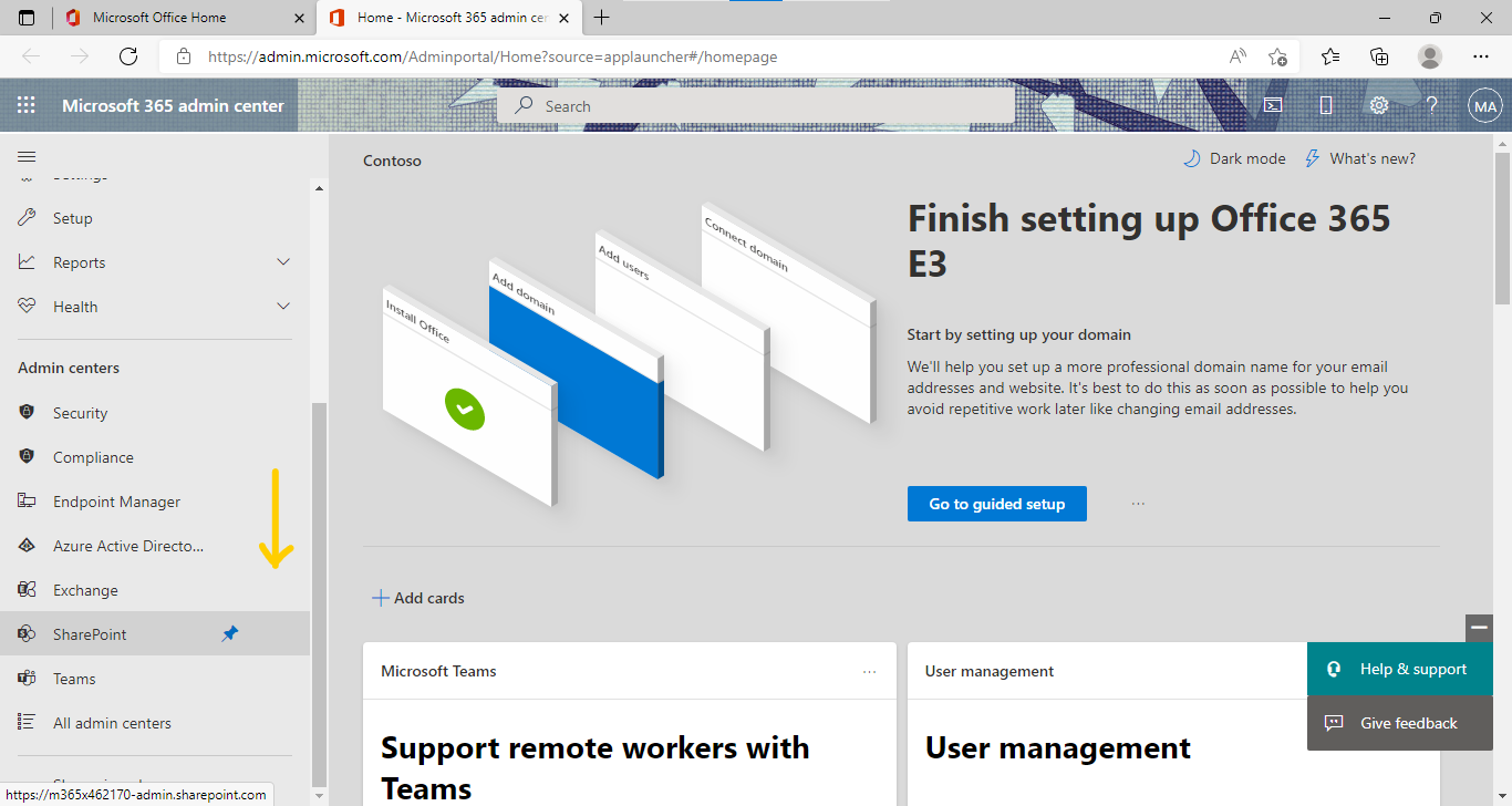 SharePoint admin center - root site
