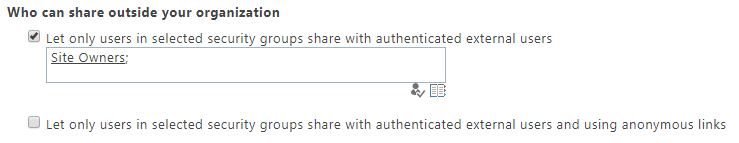 Screenshot of settings for who can share outside your organization