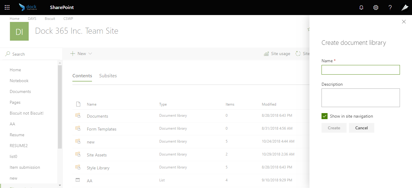 Dock 365 - Document Library Dialogue Box