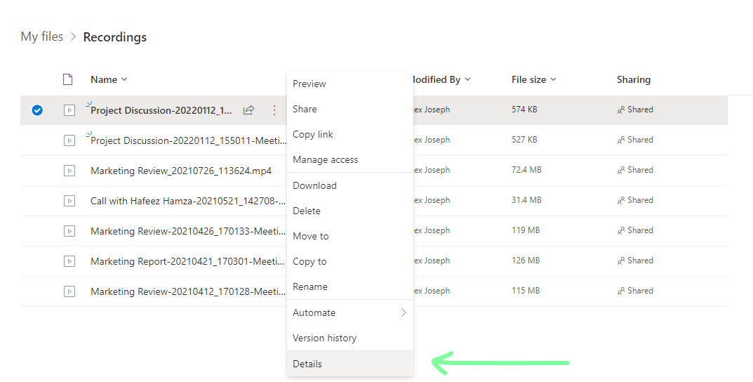 OneDrive recordings - Details page