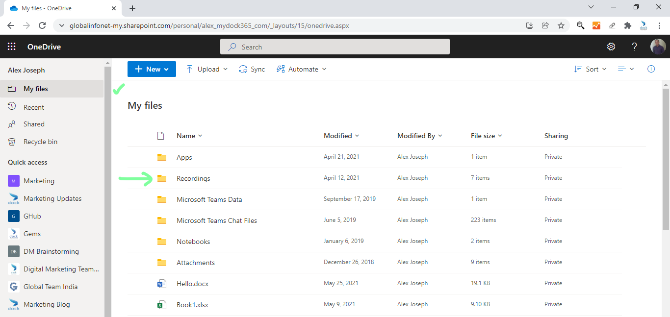 OneDrive Team Meeting Recordings folder