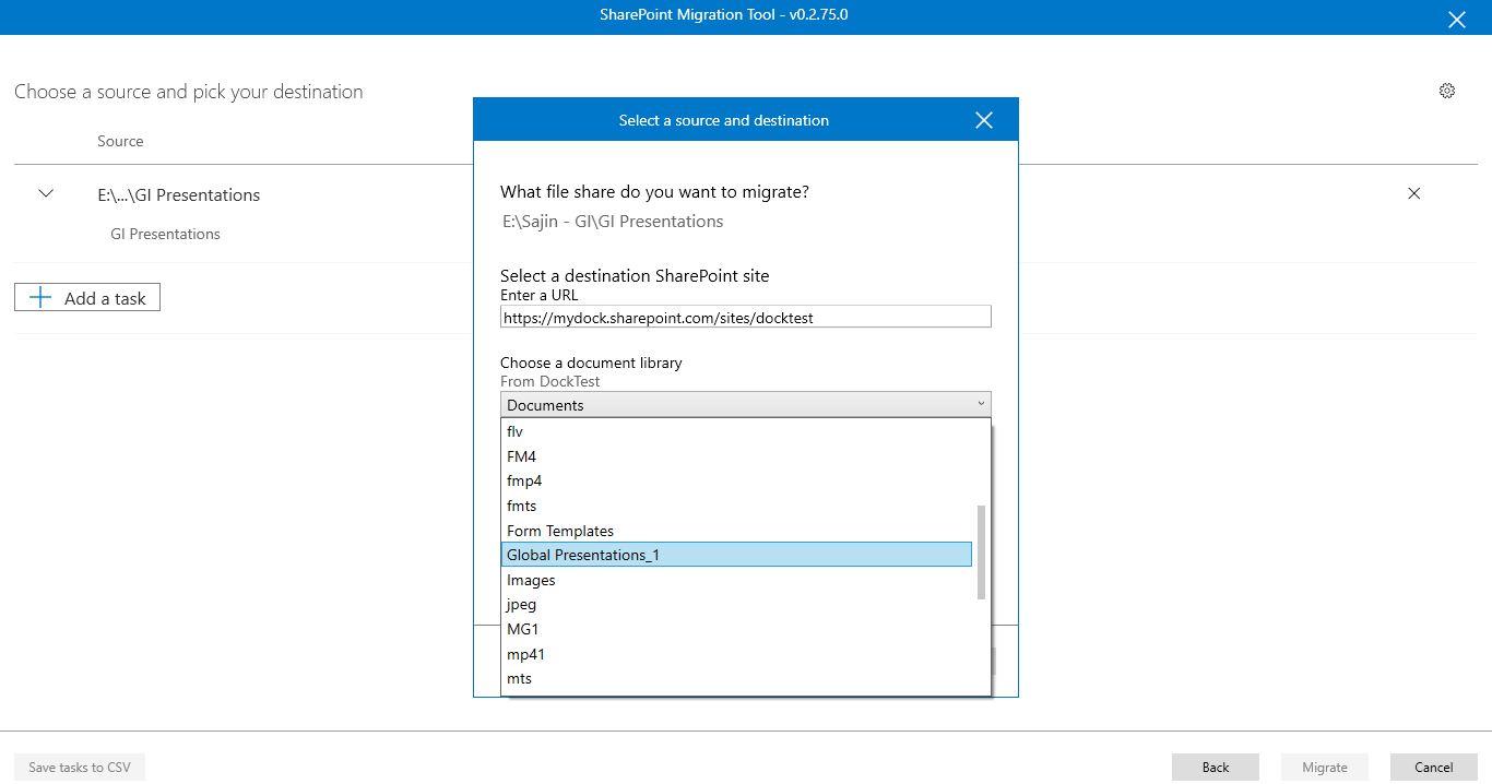 Selecting the source and destination for the file migration steps.png
