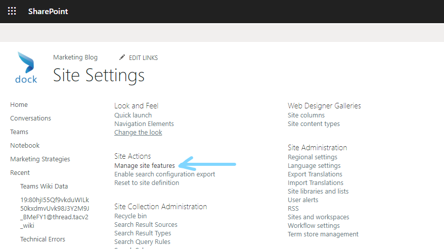 Manage site features