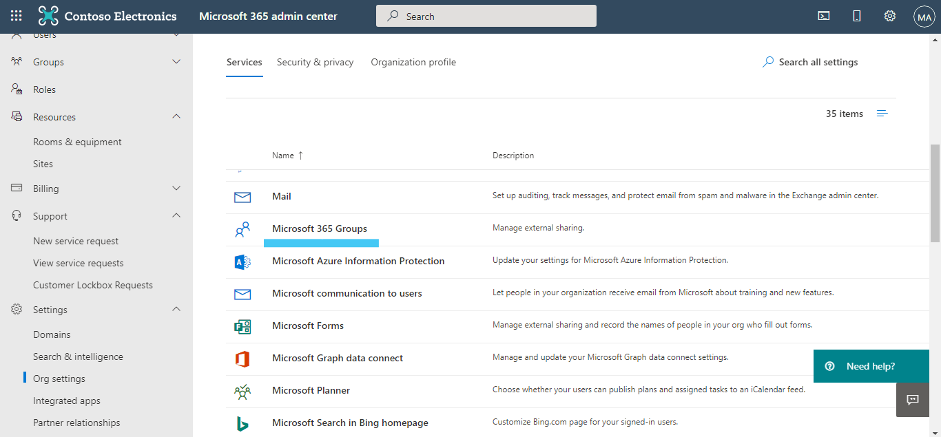 Org settings - Office 365 groups