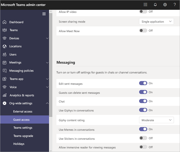 Microsoft Teams admin center guest access options