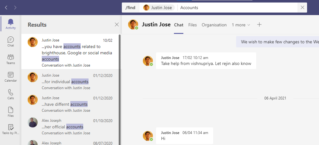 Search teams chat - ctrlf