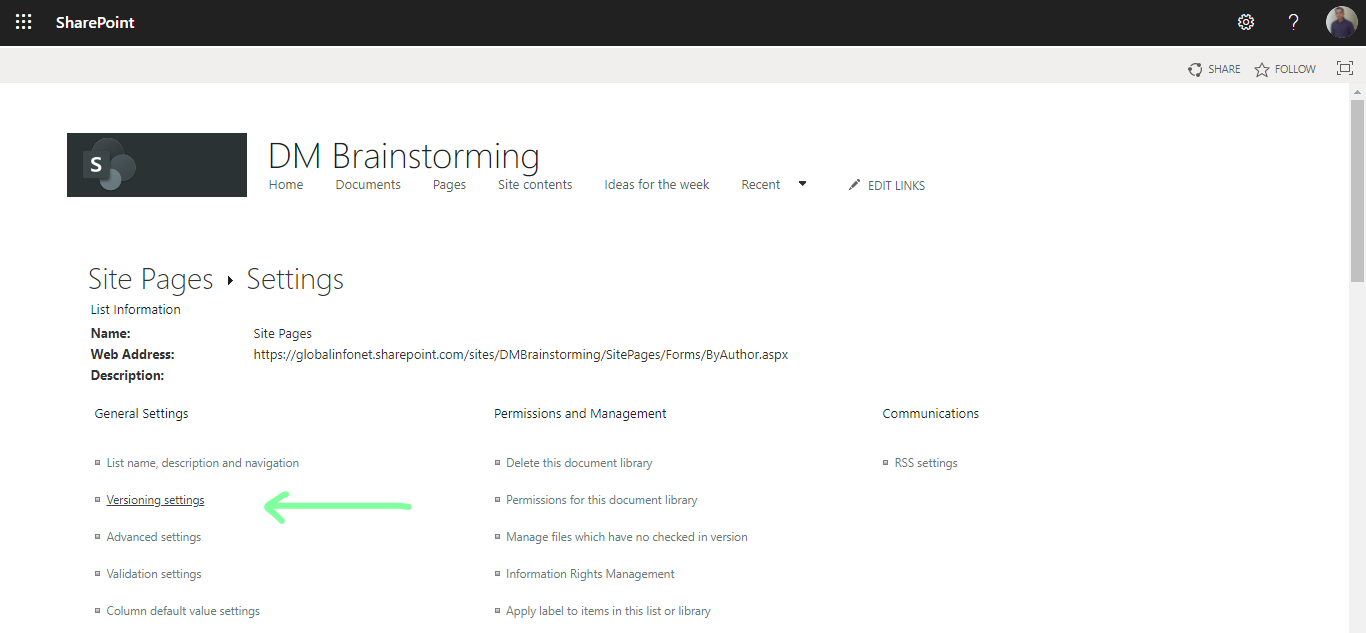 versioning settings - disable content approval