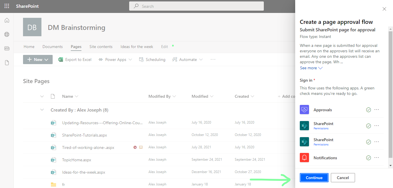 continue - create a page approval flow
