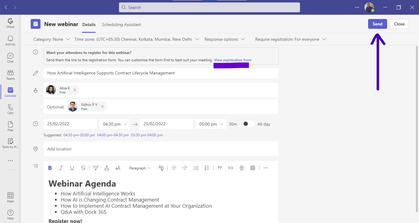 Click on send to save event - Registration form