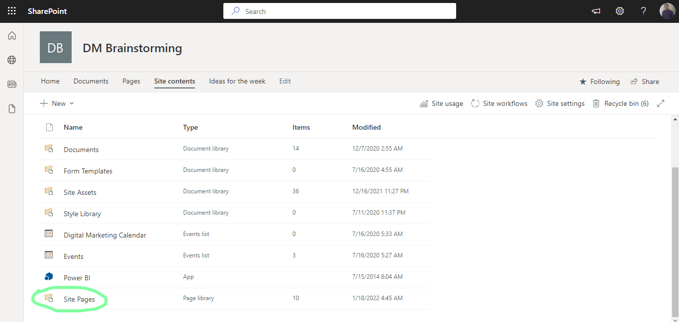 Go to site contents - site pages