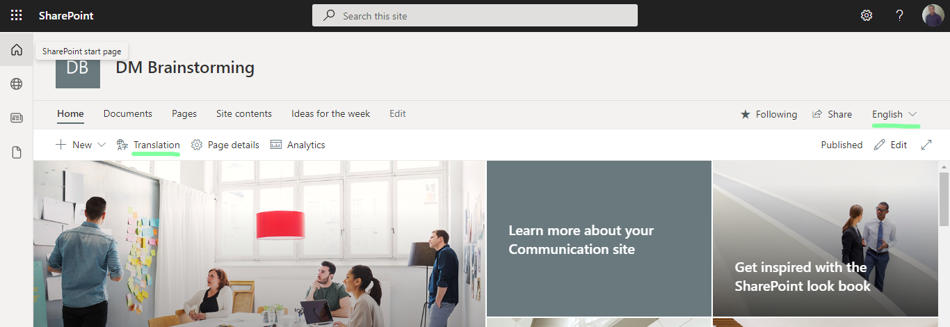 Translation option and language selection options appear