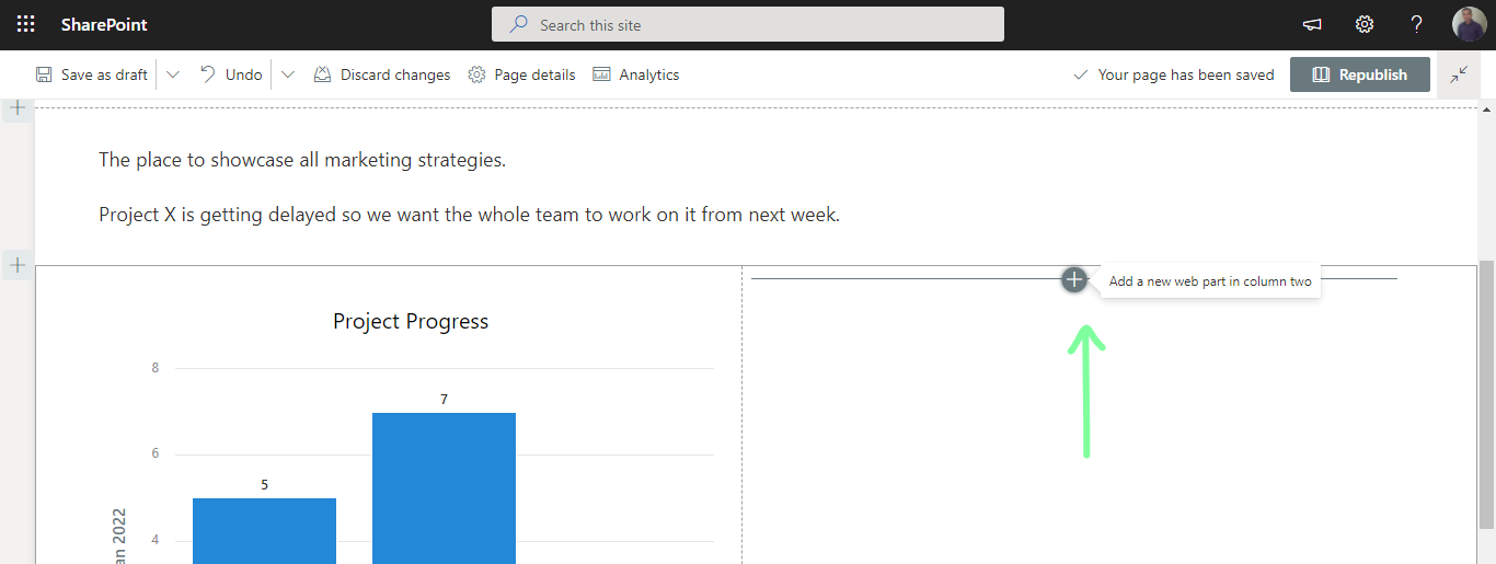 Add one more web part in the second section