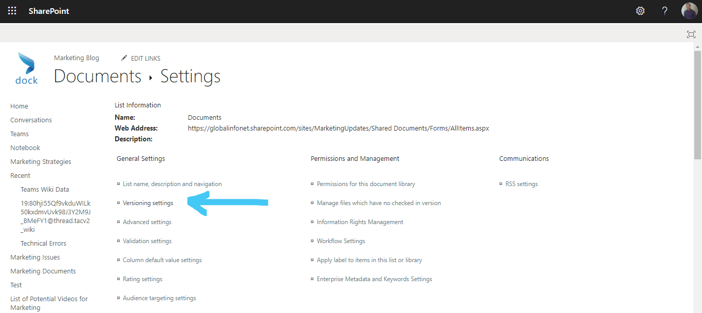versioning settings