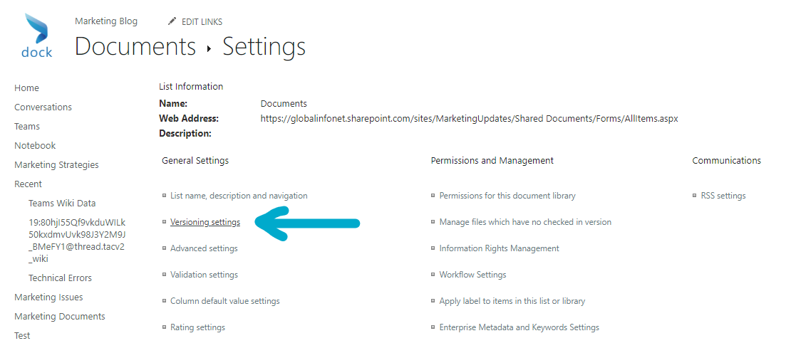 versioning settings - vh