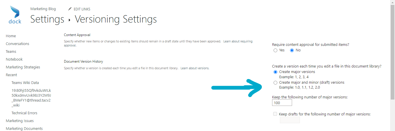 Configure document version history settings