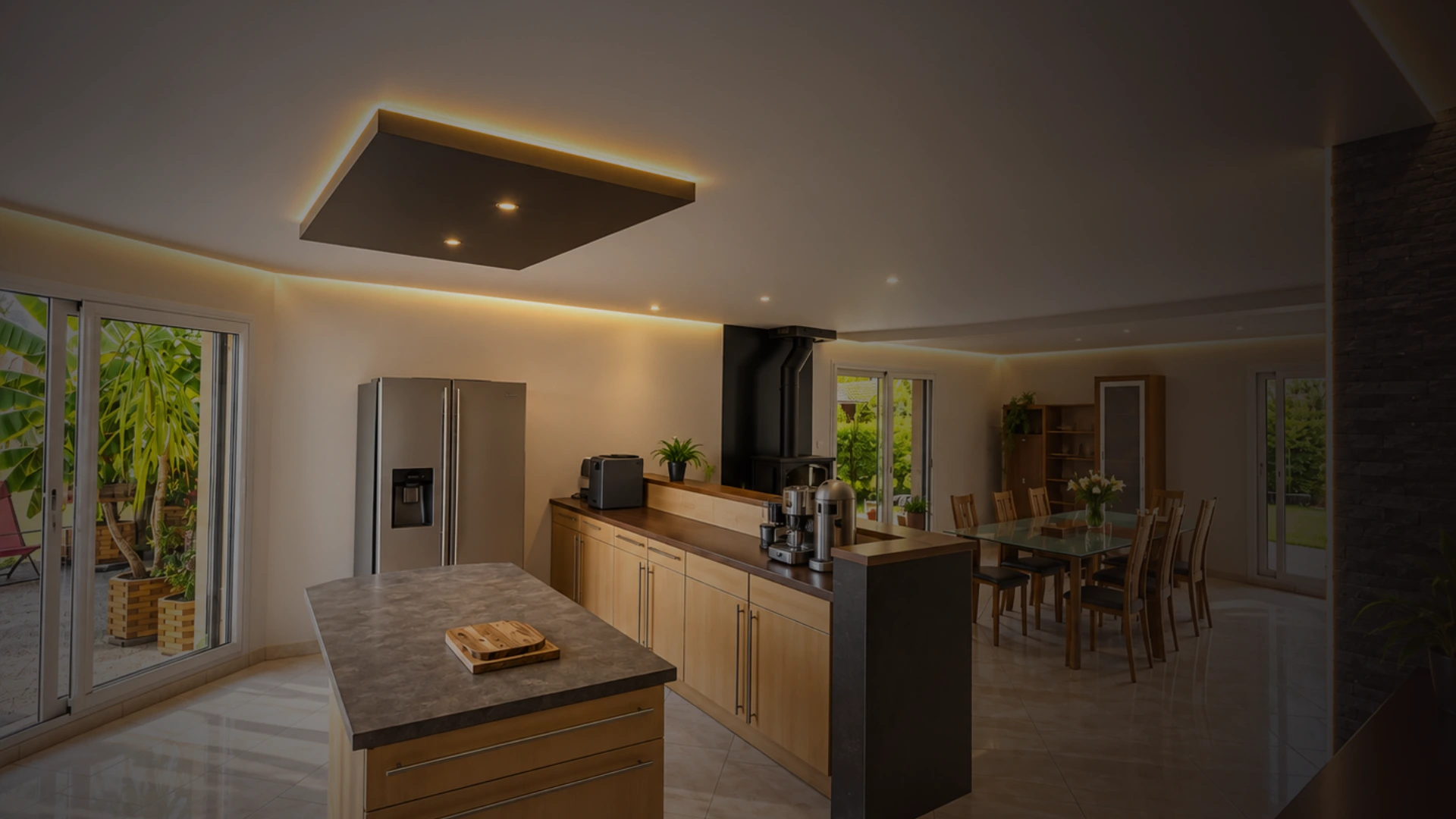 Plafond tendu dans une cuisine avec un décaissé sur l'ilôt central - Montagney