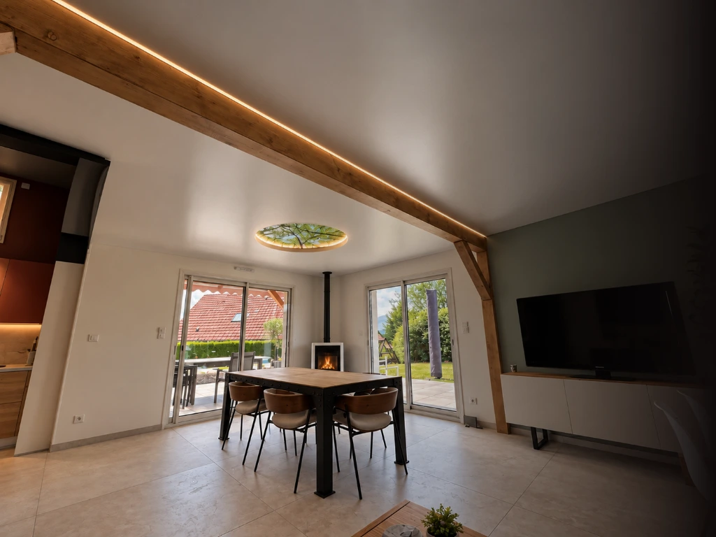 Un plafond tendu blanc lumineux posé autour d'une poutre en bois