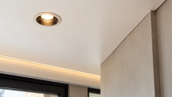 Un spot et des luminaires installés dans un plafond tendu