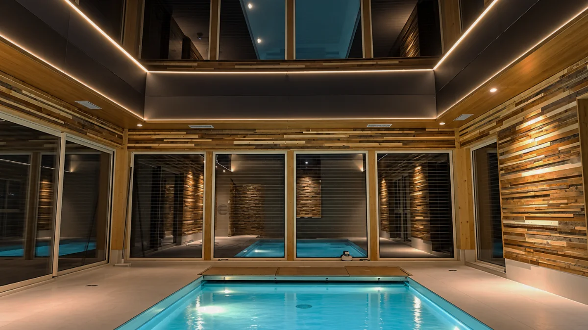 Plafond tendu noir dans une piscine intérieure à Goux-les-Usiers