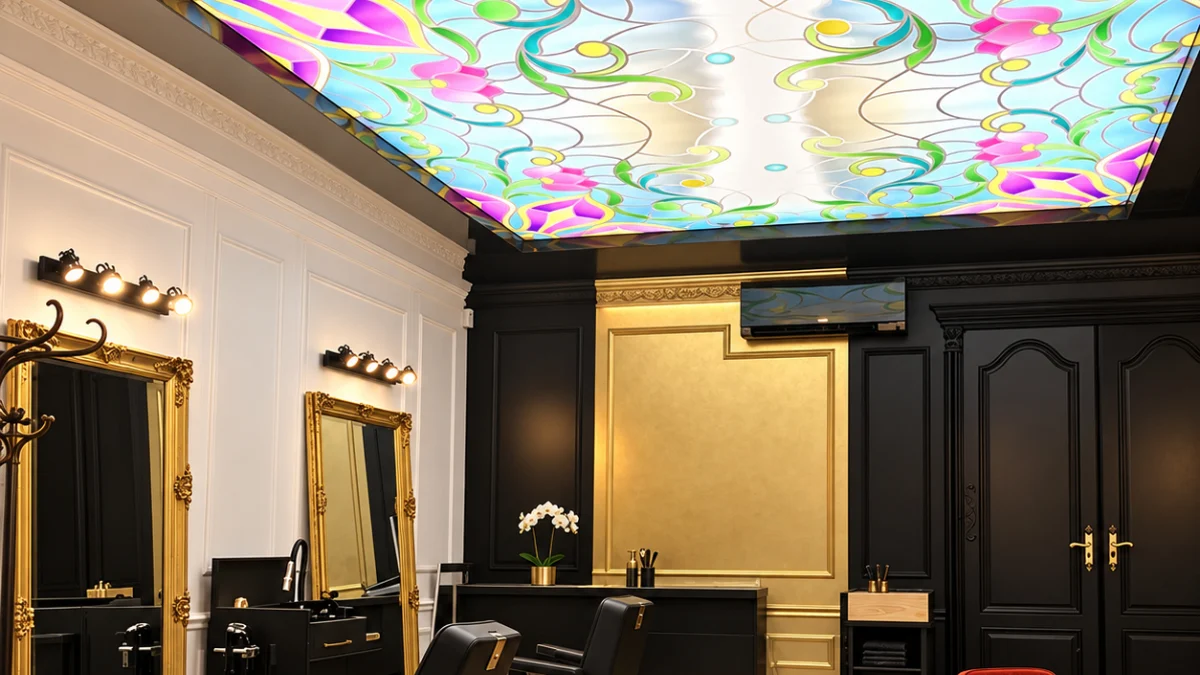Plafond imprimé floral dans un salon de coiffure