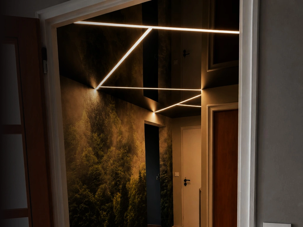 Bande lumineuses, plafond tendu laqué noir et mur imprimé dans un couloir