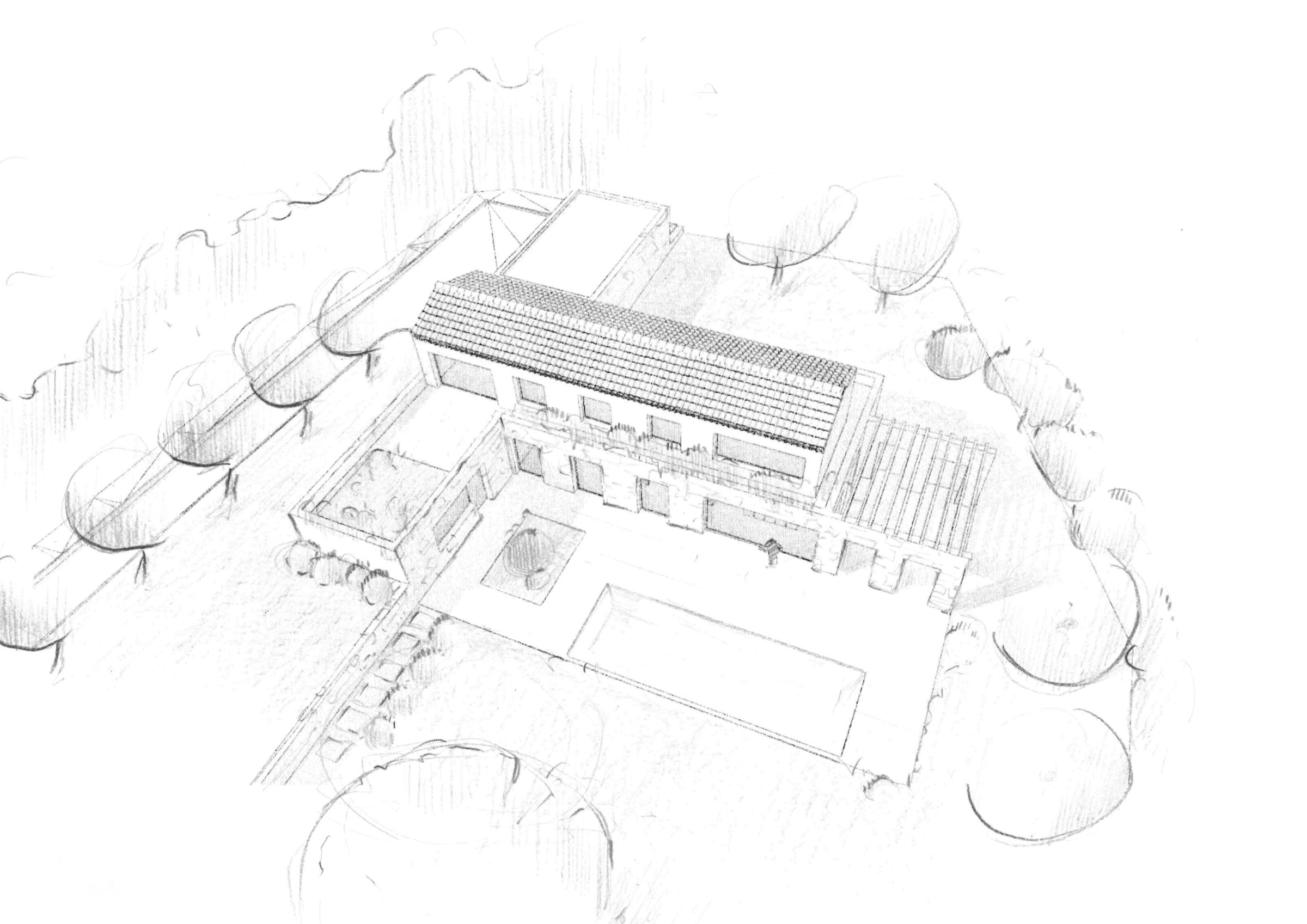 Croquis d'esquisse d'une maison, phase de conception — TRIMTAB Architecteurs
