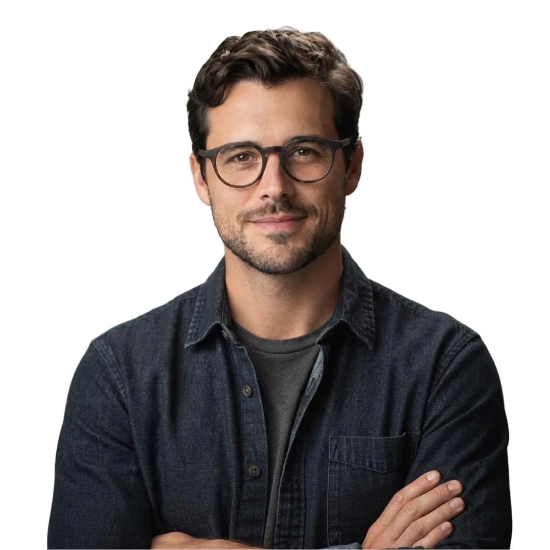 Portrait of a confident man with short brown hair and beard wearing round glasses and a dark denim shirt with arms crossed.