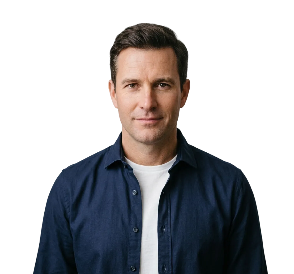 Portrait of a middle-aged man with short dark hair wearing a navy blue button-up shirt over a white t-shirt, looking straight ahead with a neutral expression.