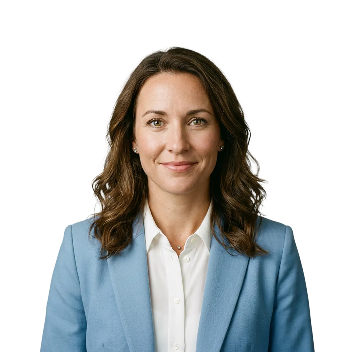 Portrait of a woman with shoulder-length wavy brown hair wearing a light blue blazer over a white button-up shirt, smiling softly against a transparent background.