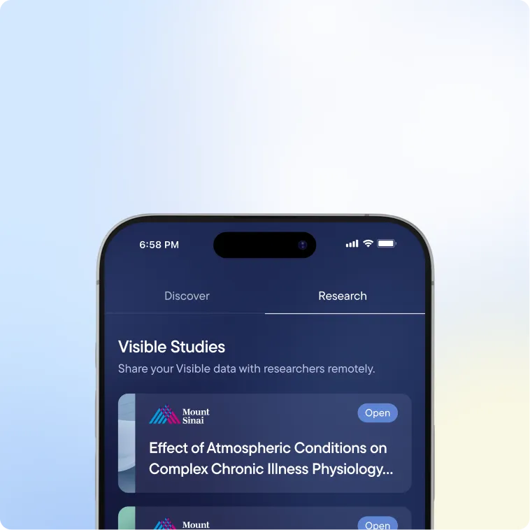 The Research tab in the Visible app, listing Visible Studies, including a Mount Sinai study on the effect of atmospheric conditions on chronic illness.