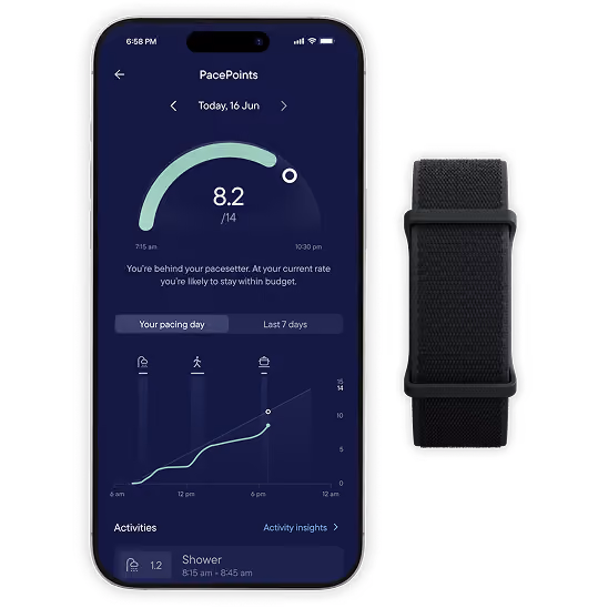 The Visible app’s PacePoints screen on a mobile phone, next to the black Visible wristband. The app shows 8.2 out of 14 PacePoints used so far today. There's also a chart visualizing energy use through the day, with logged activities, including a shower, walking and cooking.