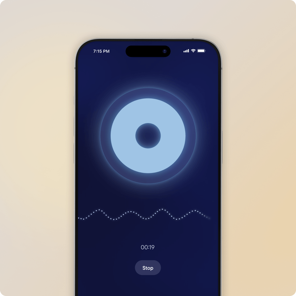 A guided breathing exercise in the Visible app. A glowing ring pulses with each breath, above a wave showing breathing rate.