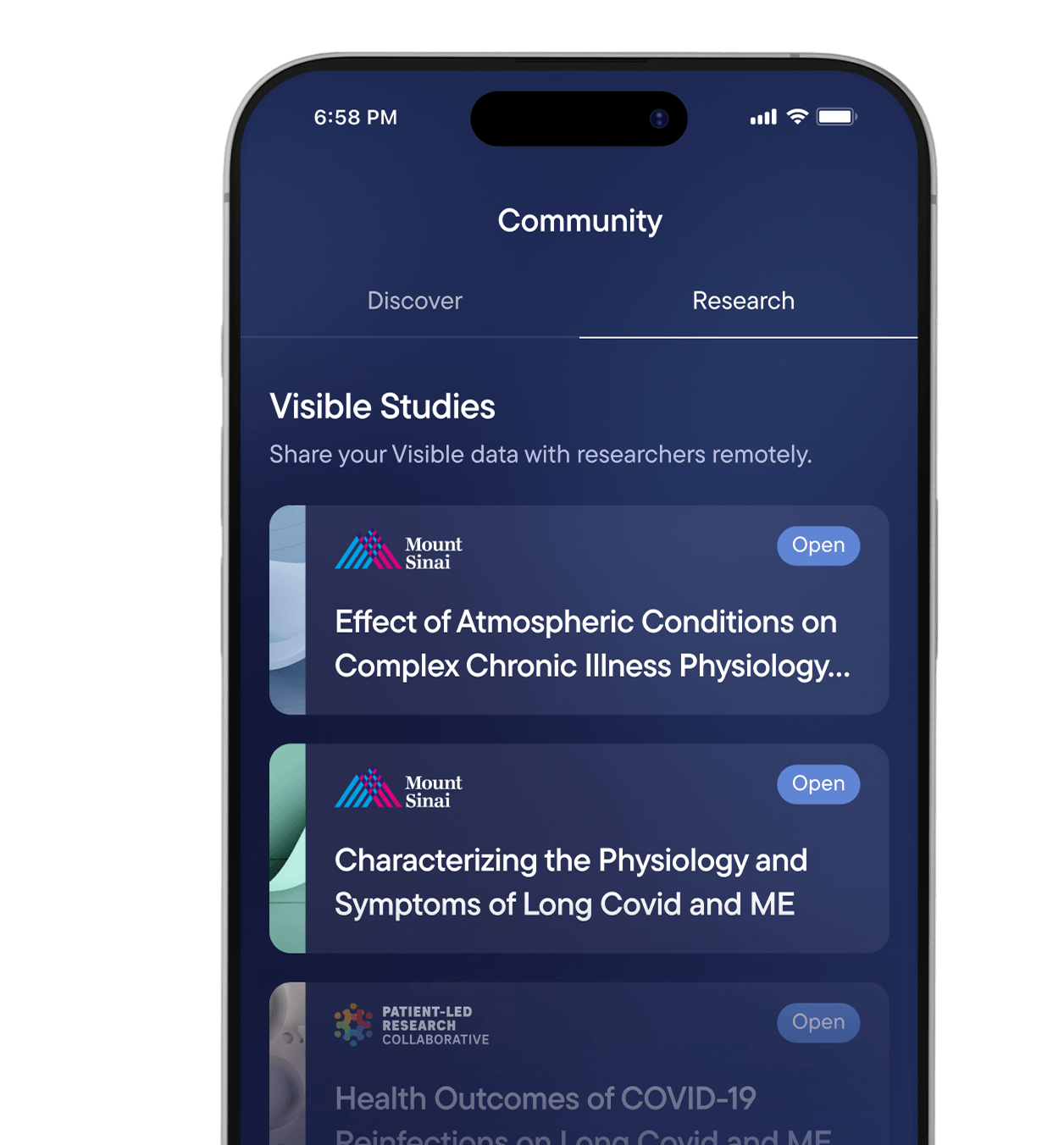 The Research tab in the Visible app. It shows multiple studies which are open to participants.

