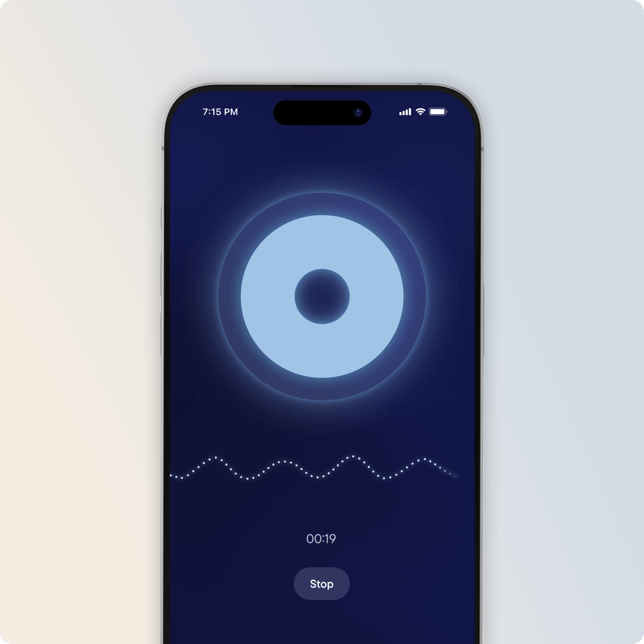 A guided breathing exercise in the Visible app. A glowing ring pulses with each breath, above a wave showing breathing rate.
