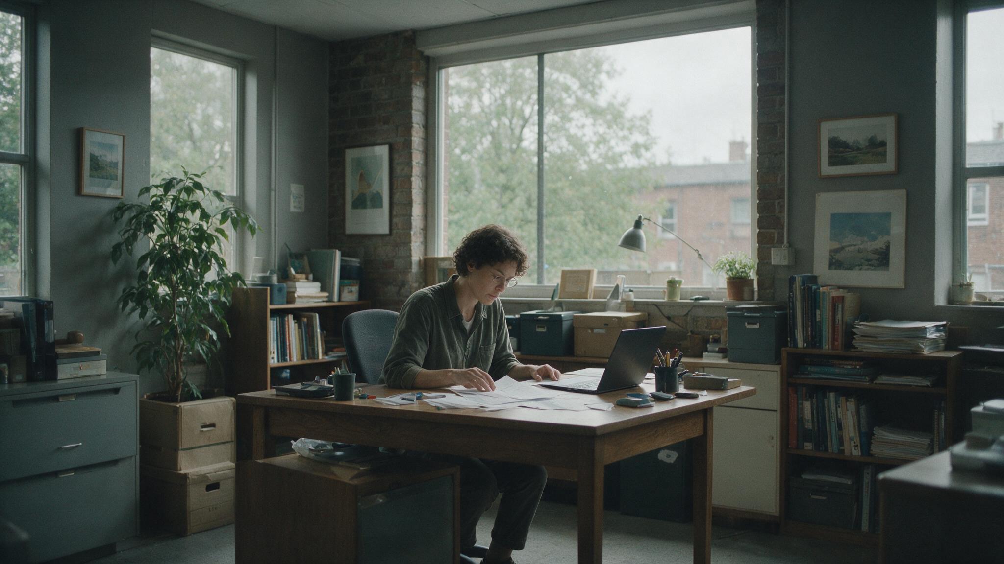 A specialist reviewing papers alongside an open laptop