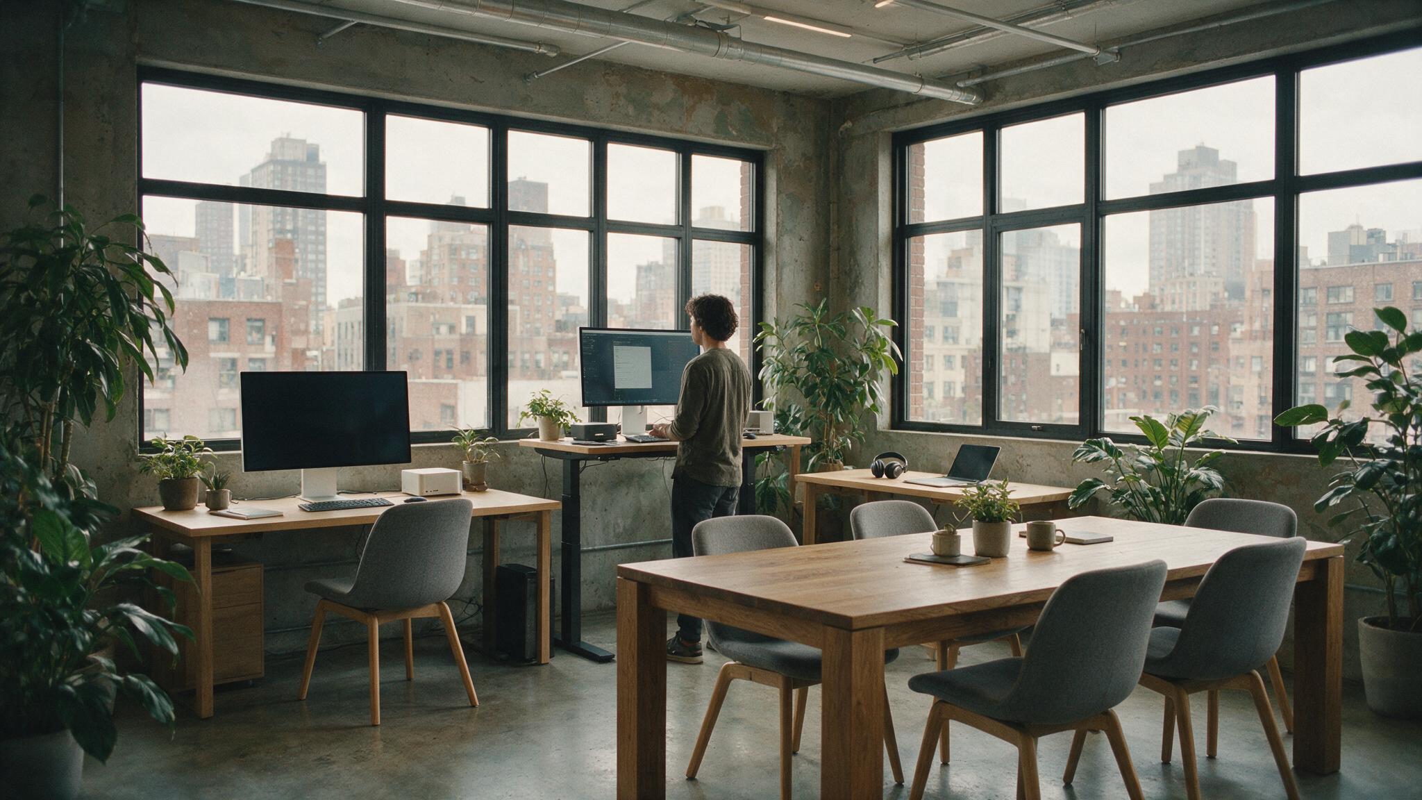 A modern open office with digital tools and overcast daylight