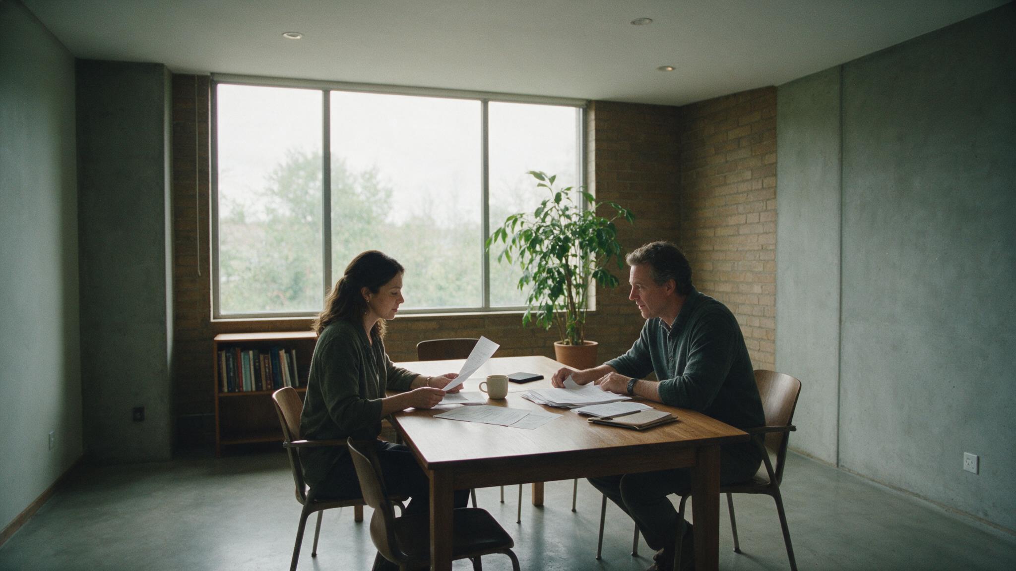 Two professionals in a meeting discussing over papers