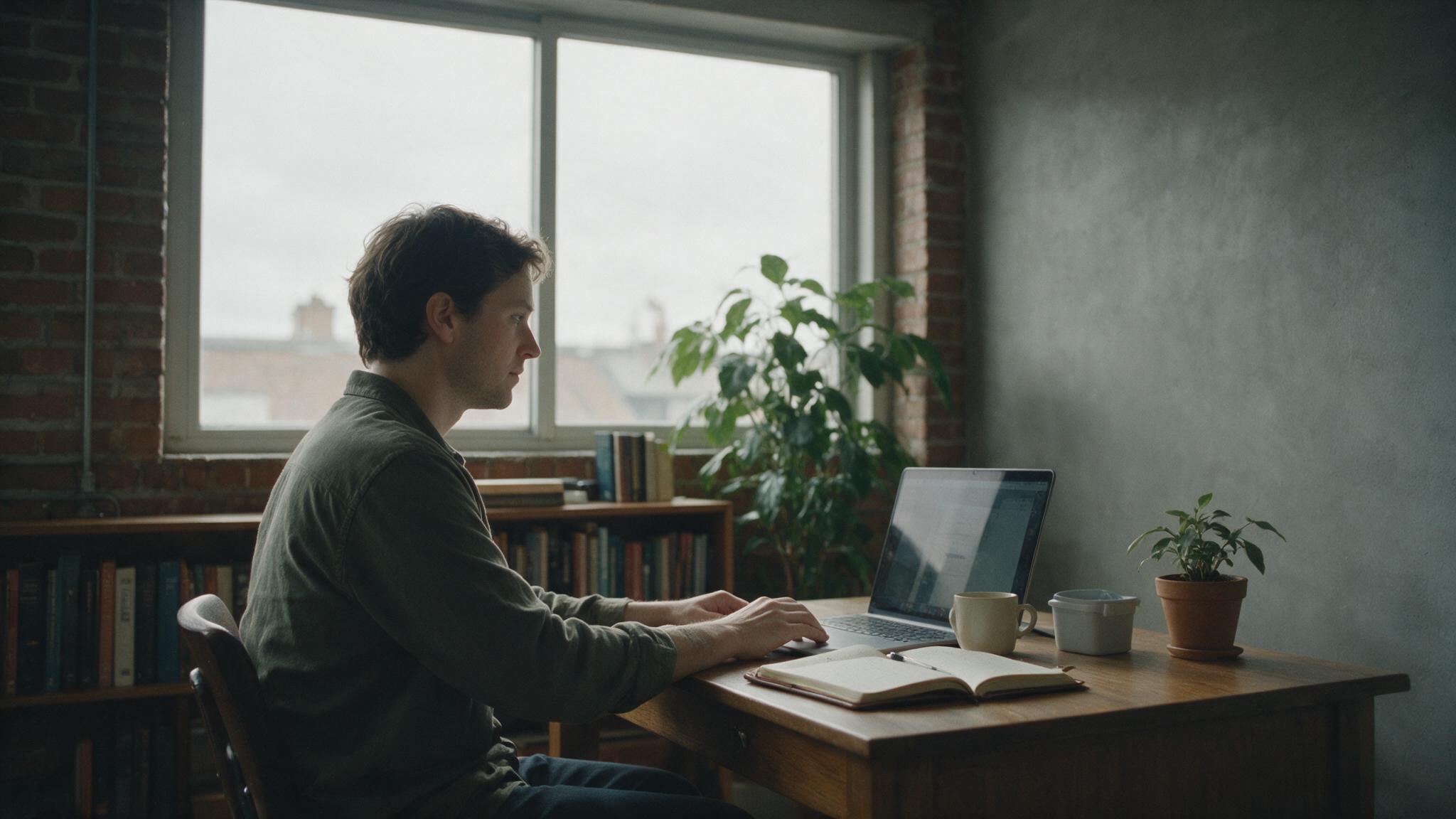 A support specialist working at a wooden desk by a large window