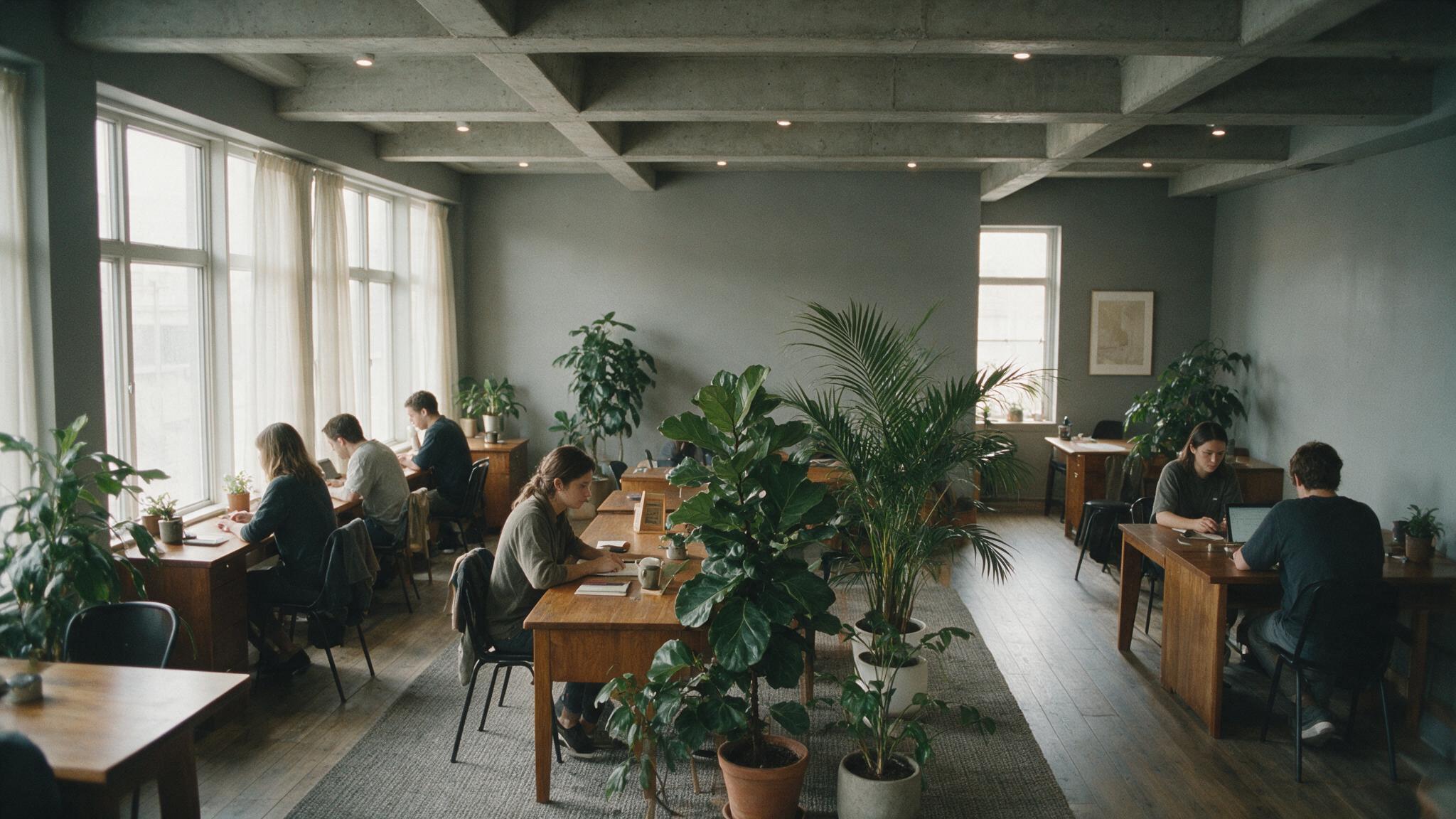 An open office with several people working at wooden desks