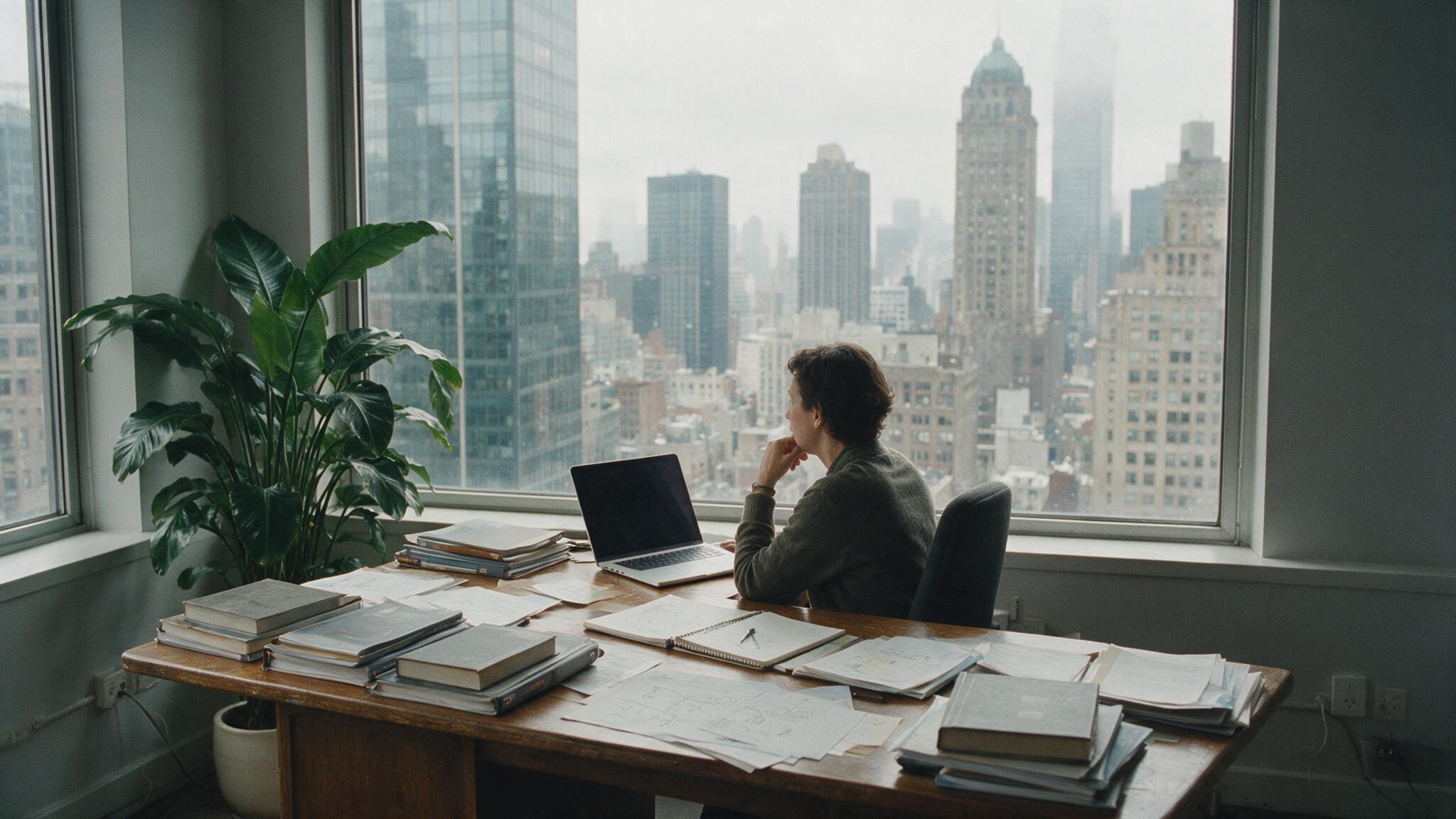A specialist paused in thought looking out a large window