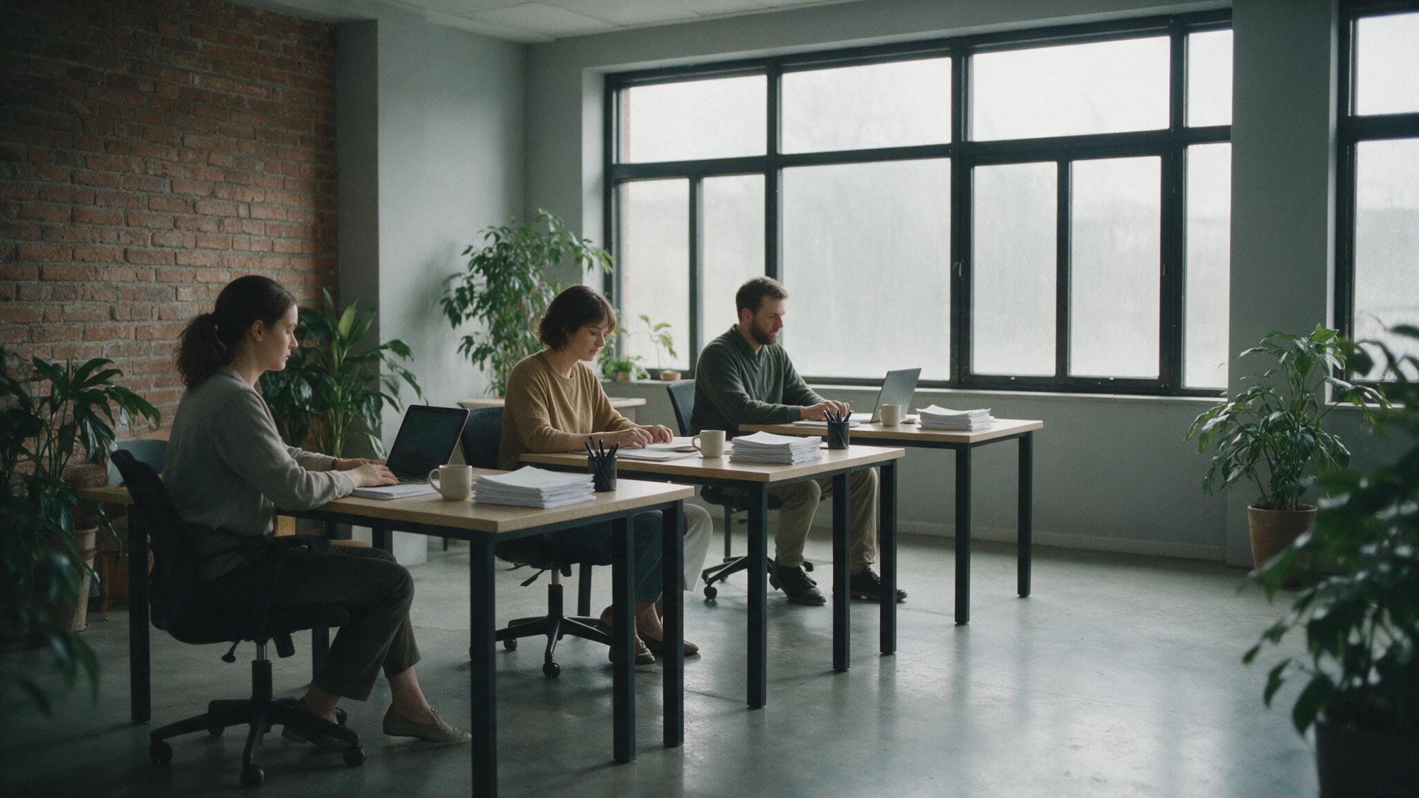 Three people working at identical desks in an orderly office