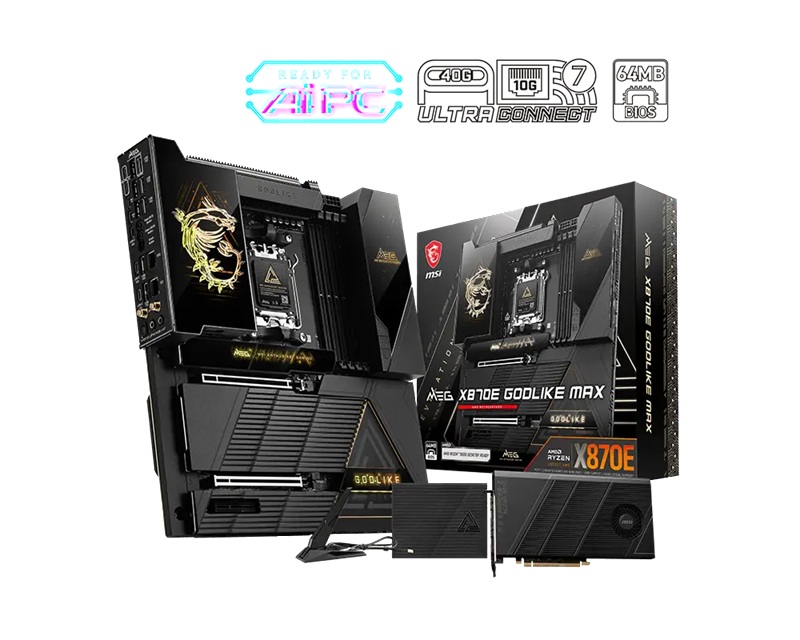 MSI MEG X870E GODLIKE MAX, AM5, AMD X870E, DDR5 9200+ OC, PCIe 5.0, Wi-Fi 7, 10G+5G LAN, U