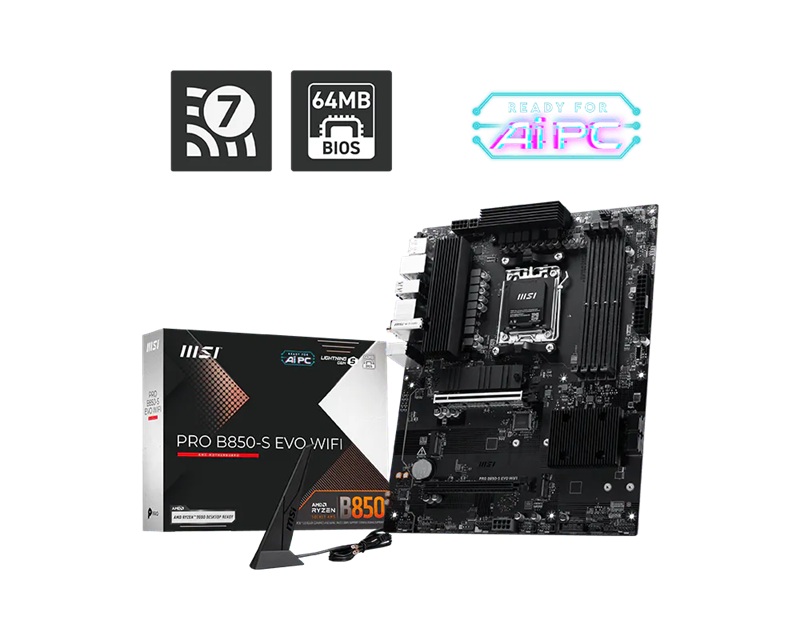 MSI PRO B850-S EVO WIFI, AMD B850, AM5, Ryzen 9000/8000/7000, 4xDDR5 256GB 8200+MT/s OC, P