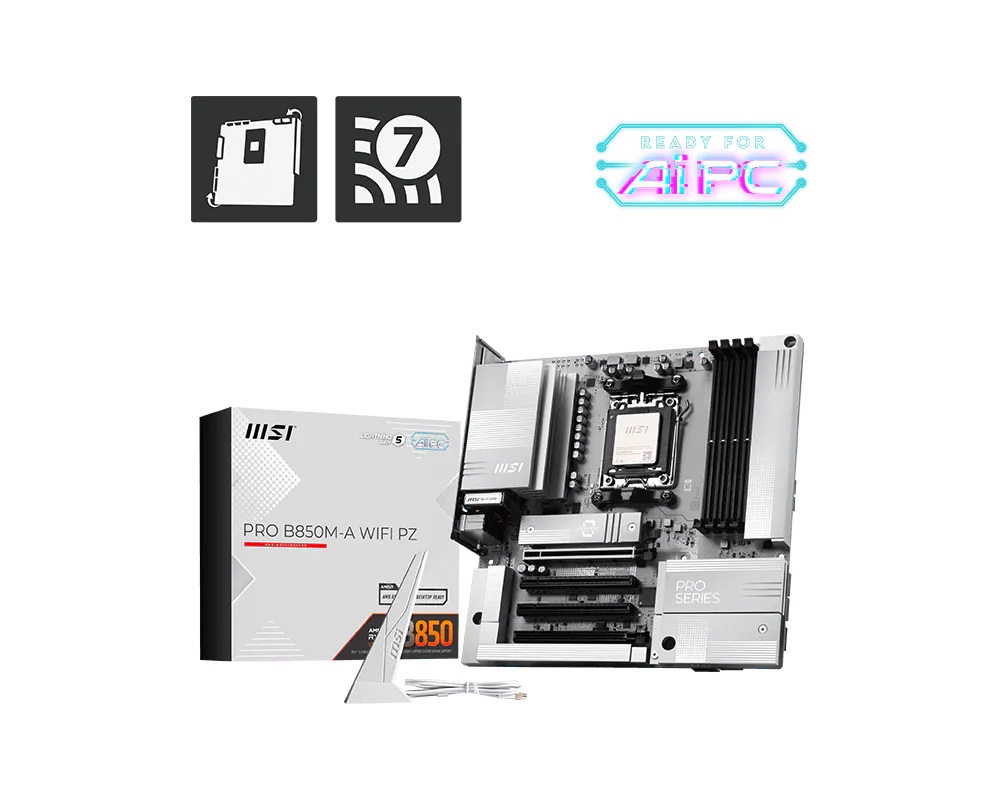 MSI PRO B850M-A WIFI PZ, AMD Ryzen™ 9000/ 8000/ 7000, AM5, DDR5 256GB, PCIe 5.0, 2x M.2, W