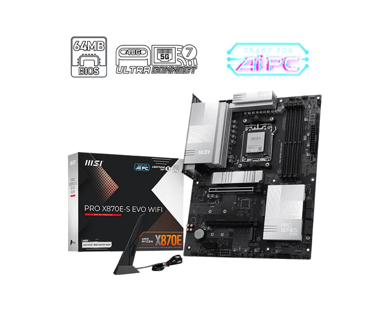 MSI PRO X870E-S EVO WIFI, AMD X870E, AM5, DDR5 256GB, PCIe 5.0, 3x M.2, Wi-Fi 7, 5G LAN, U