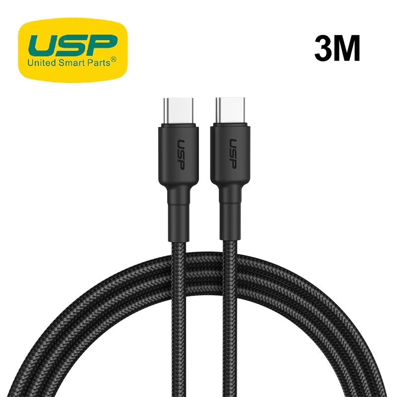 USP BoostUp Cafule Braided USB-C to USB-C Cable (3M) Black - 3A, Strong & Durable, Bend-re